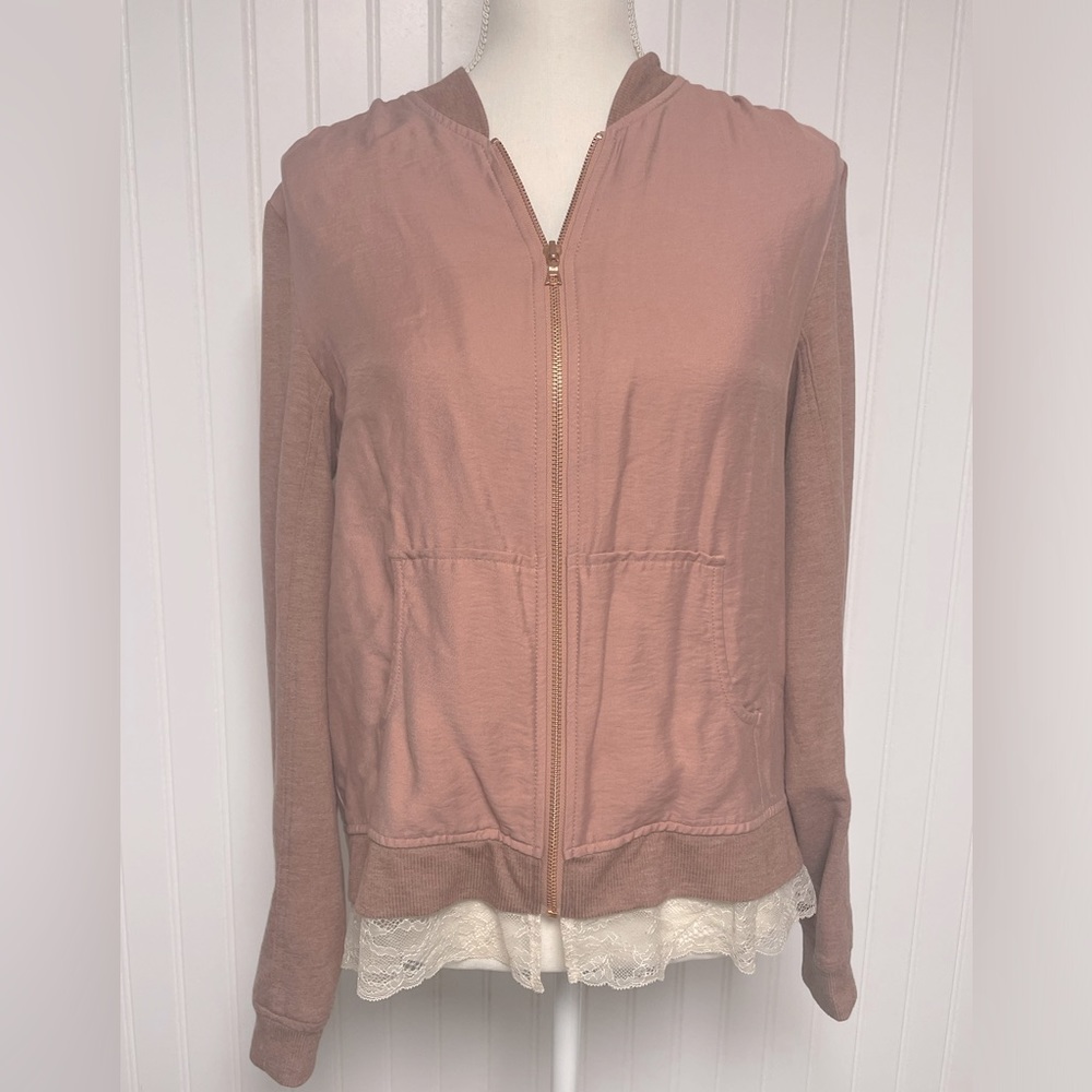 LOGO Lori Goldstein Jacket Lace‎ Hem Women's Size 6 Rose Pink Mixed Fabric Zip